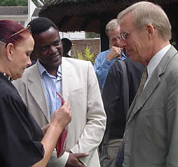 Farai Mpfunya (centre), Executive Director of ZIFFT chats to Sten Rylander, Swedish Ambassador to Zimbabwe 
