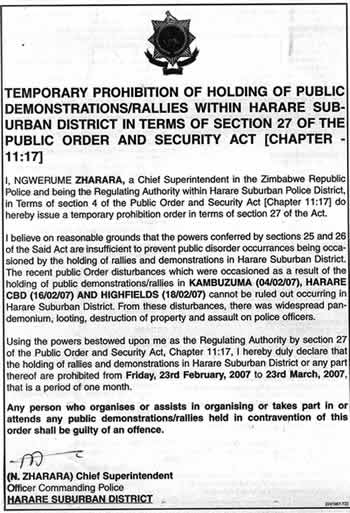 Temporary prohibition of holding of public demonstrations/rallies within Harare Sub-Urban district in terms of section 27 of the Public Order and Security Act [Chapter 11.17]