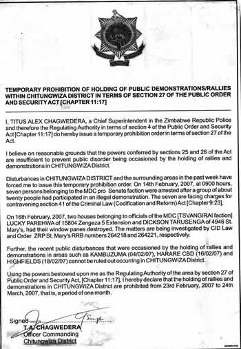 Temporary prohibition of holding of public demonstrations/rallies within Chitungwiza district in terms of section 27 of the Public Order and Security Act [Chapter 11.17]