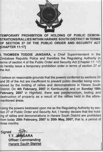 Temporary prohibition of holding of public demonstrations/rallies within Harare South district in terms of section 27 of the Public Order and Security Act [Chapter 11.17]