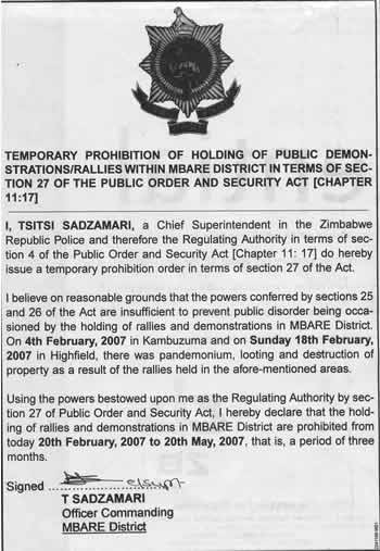 Temporary prohibition of holding of public demonstrations/rallies within Mbare district in terms of section 27 of the Public Order and Security Act [Chapter 11.17]