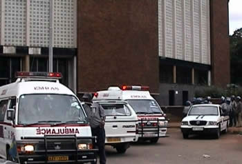 Ambulances and police cars outside Rotten Row Magistrates Court