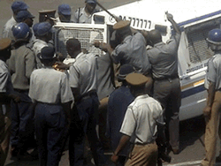 Police beat the legs and feet of the protestors as they are forced into the vehicle