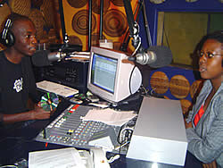 Radio Dialogue's Kholiwe Nyoni is interviewed in the Radio Dialogue studios in Bulawayo